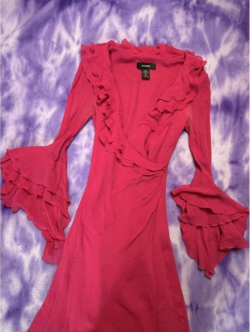 Express vintage y2k silk ruffle dress fuchsia pink